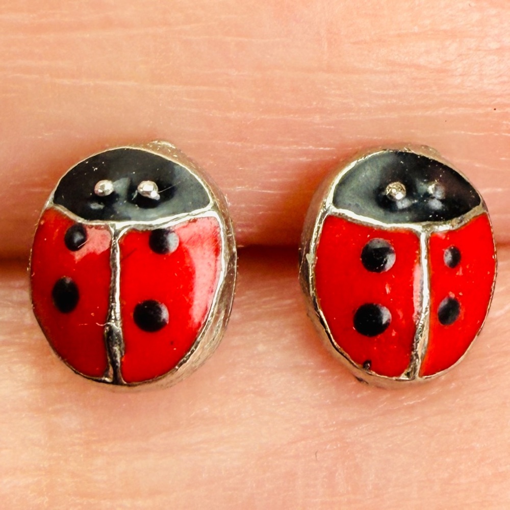 Charming Tiny Red Black Silvertone Ladybug Stud P… - image 2